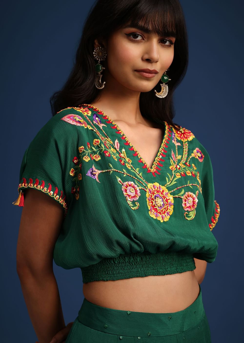 Dark Green Chiffon Crop Top With Slit Palazzo And Scarf