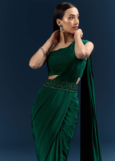 Dark Green Crepe Ready Pleated Saree With Heavy Embroidery