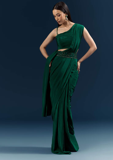 Dark Green Crepe Ready Pleated Saree With Heavy Embroidery