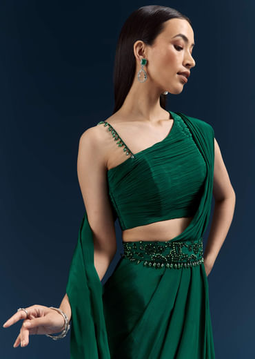 Dark Green Crepe Ready Pleated Saree With Heavy Embroidery