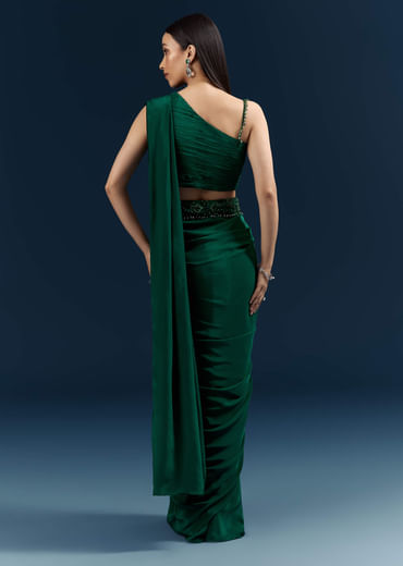 Dark Green Crepe Ready Pleated Saree With Heavy Embroidery