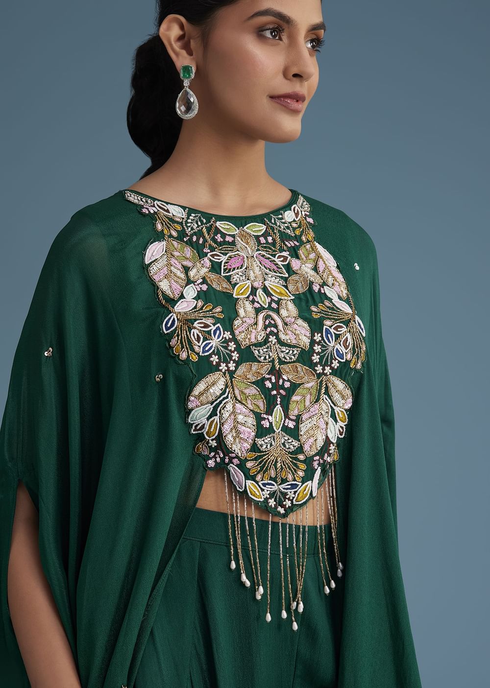 Dark Green Georgette Palazzo Set With Ombre Sleeves