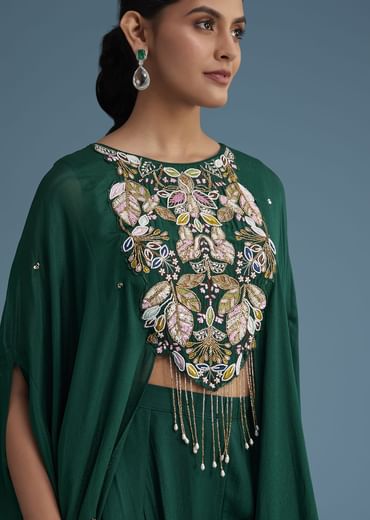 Dark Green Georgette Palazzo Set With Ombre Sleeves