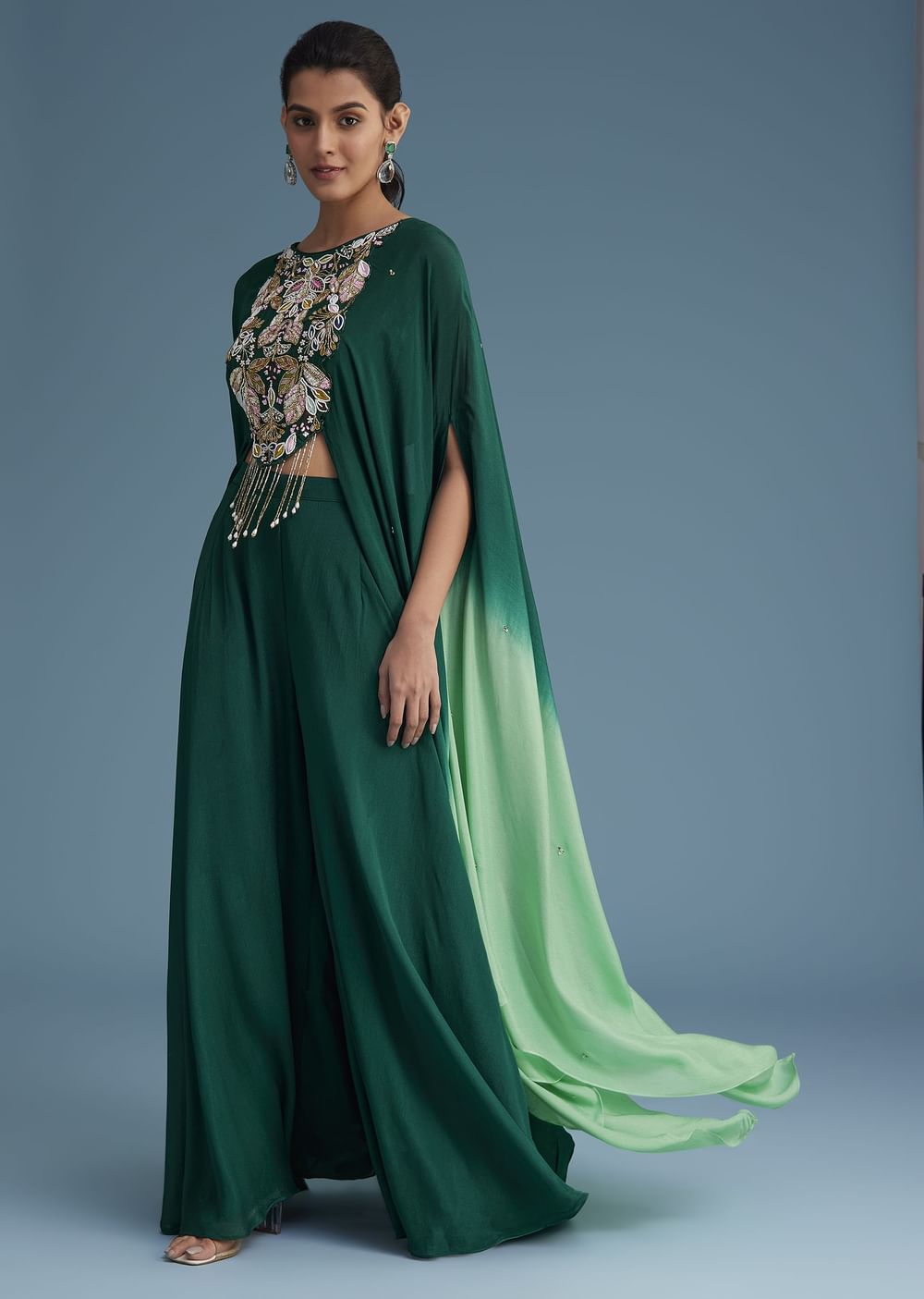 Dark Green Georgette Palazzo Set With Ombre Sleeves