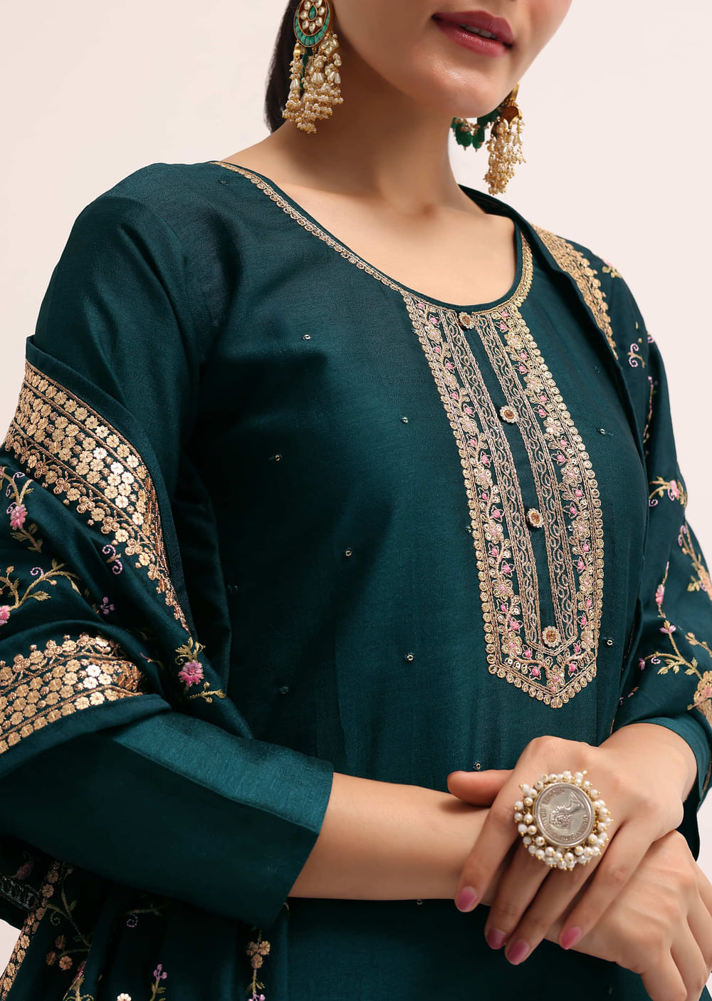 Dark Green Silk Kurta Set With Dupatta