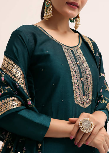 Dark Green Silk Kurta Set With Dupatta