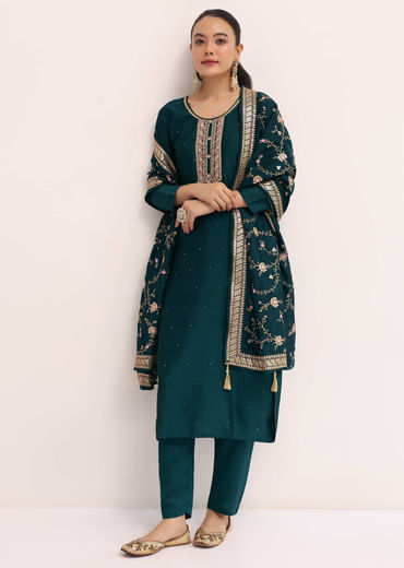 Dark Green Silk Kurta Set With Dupatta