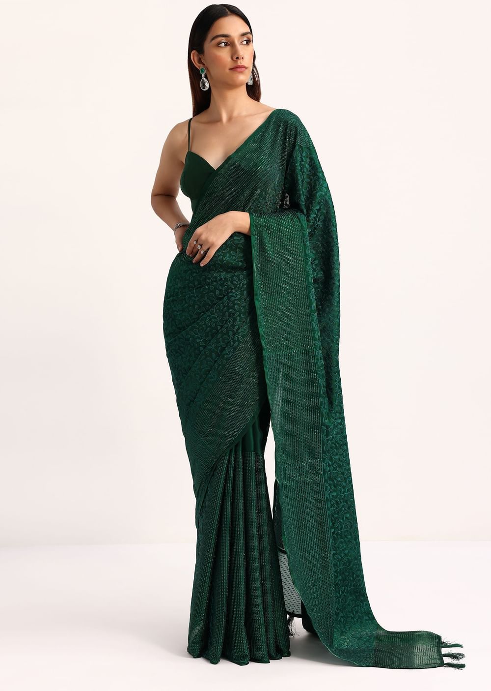 Dark Green Tissue Saree With Thread And Stone Embroidery And Unstitched Blouse