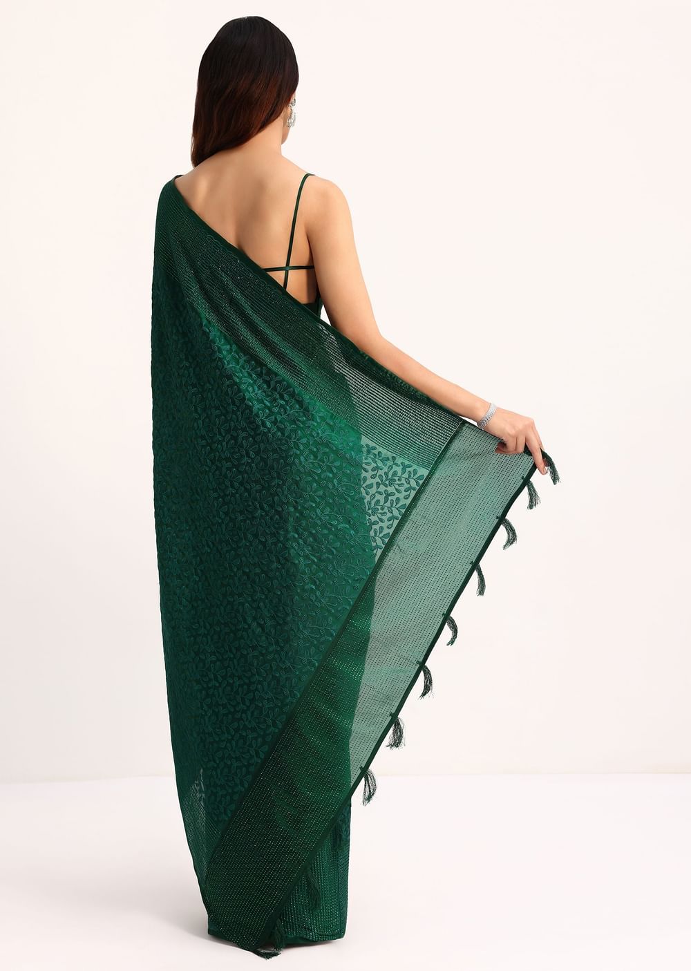 Dark Green Tissue Saree With Thread And Stone Embroidery And Unstitched Blouse