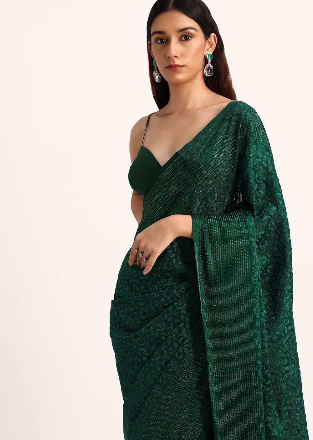 Dark Green Tissue Saree With Thread And Stone Embroidery And Unstitched Blouse