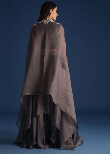 Dark Grey Asymmetric Organza Jacket With Crop Top And Draped Skirt