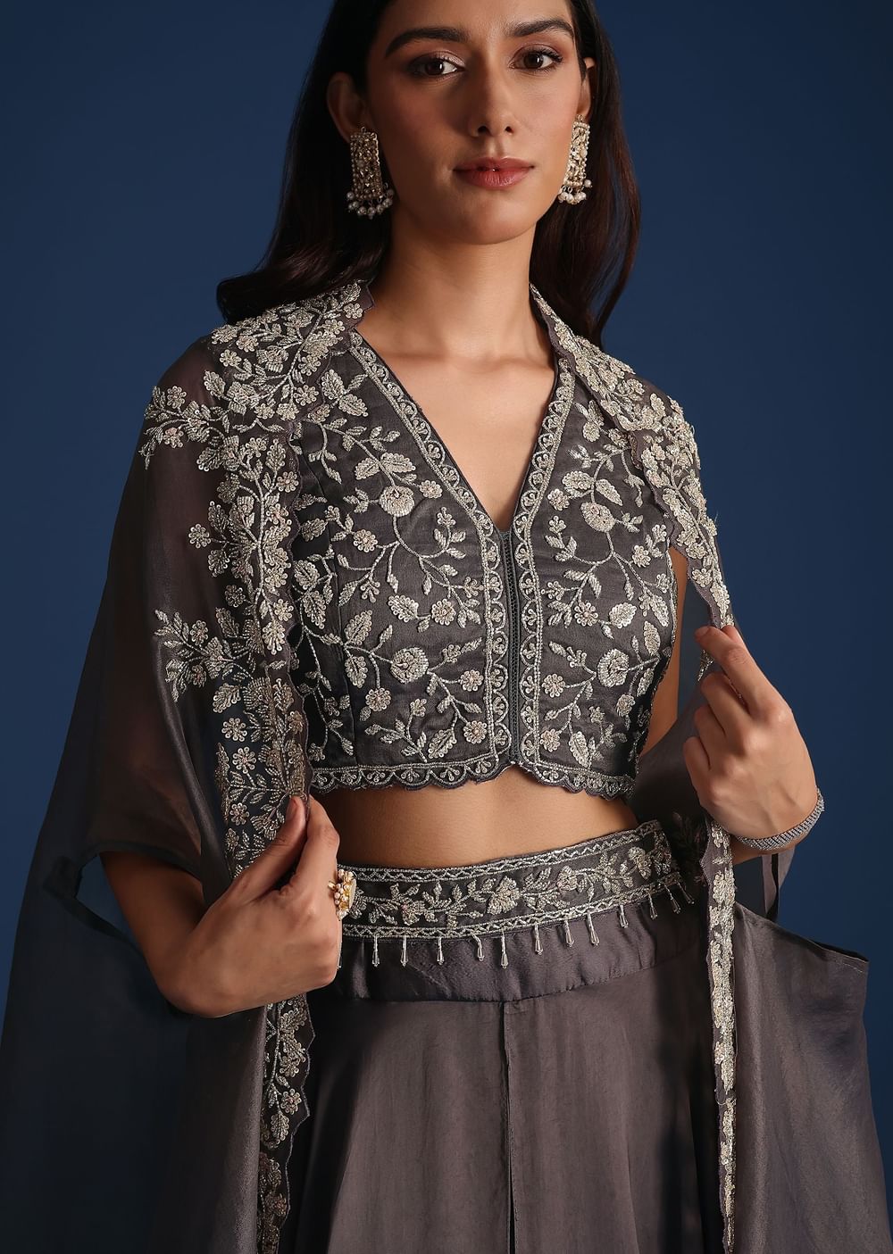 Dark Grey Asymmetric Organza Jacket With Crop Top And Draped Skirt