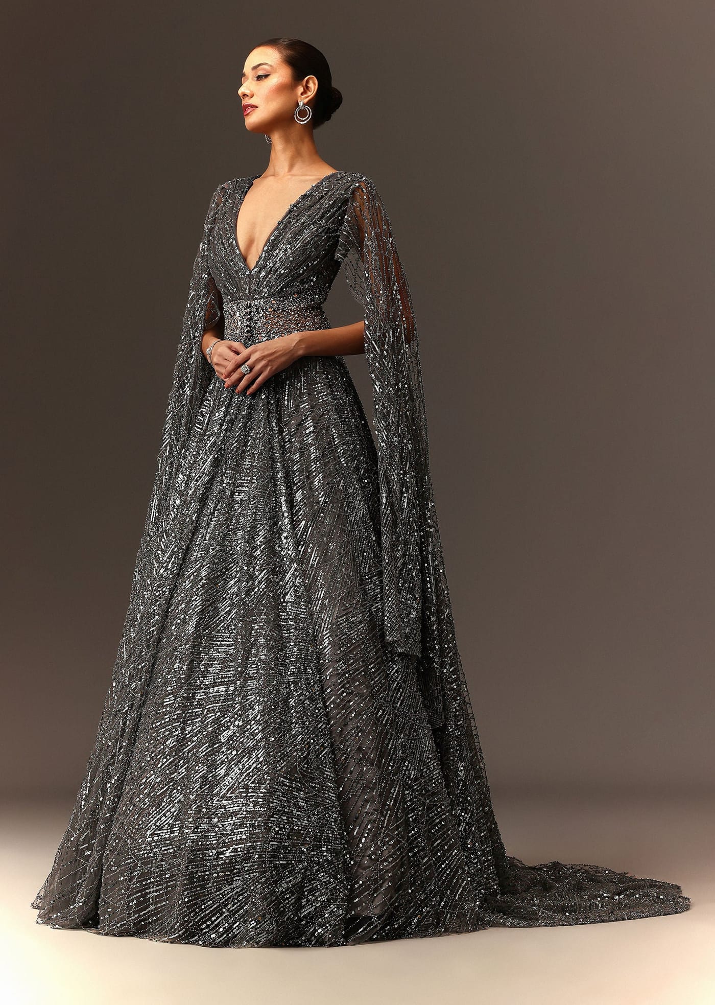 Dark Grey Sequins Gown With Attached Cape Sleeves KALKI FASHION UK