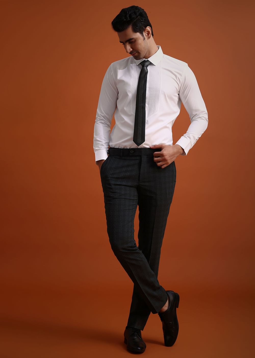 Dark Grey Tuxedo And Pant Set With Checkered Detail