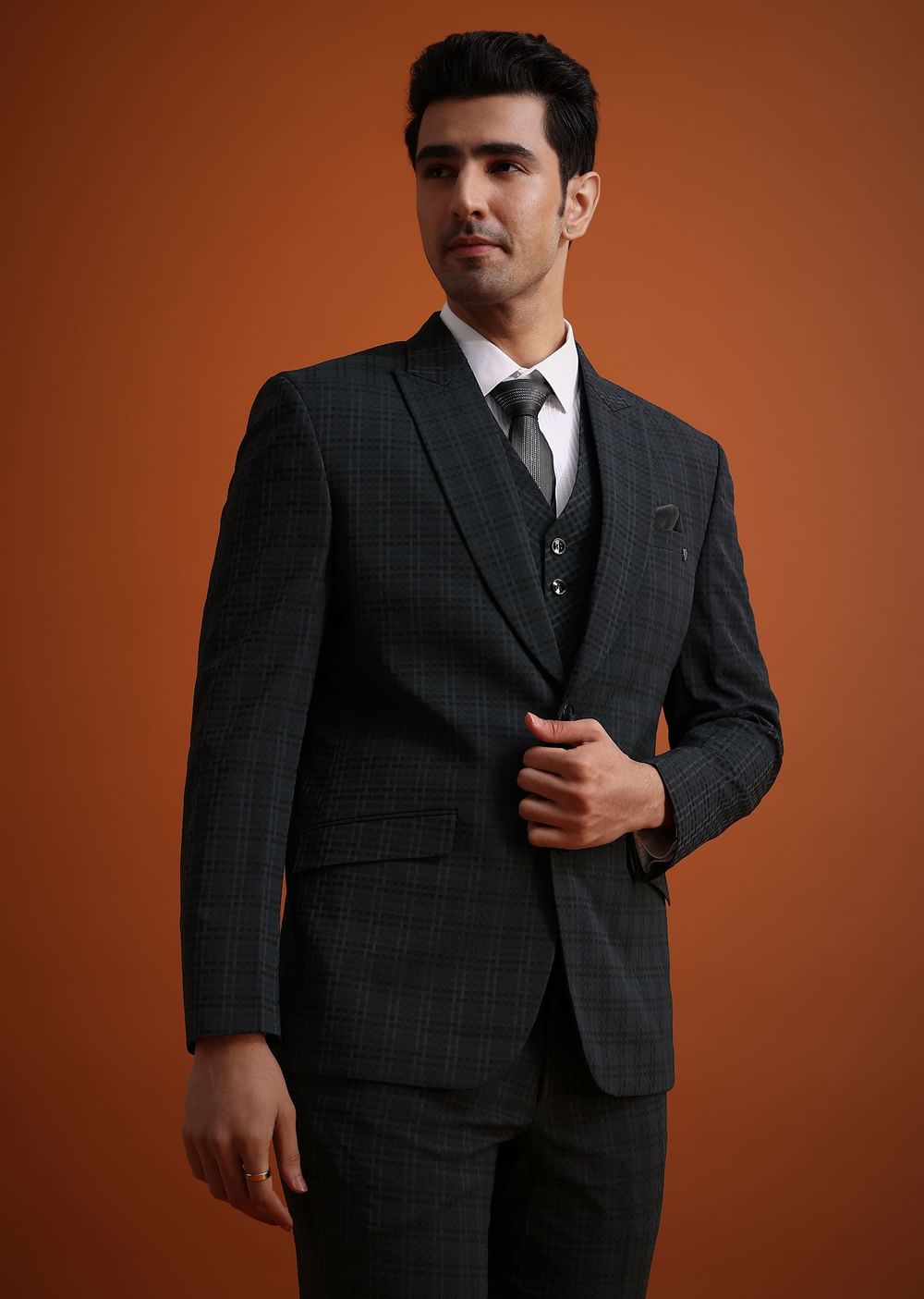 Dark Grey Tuxedo And Pant Set With Checkered Detail