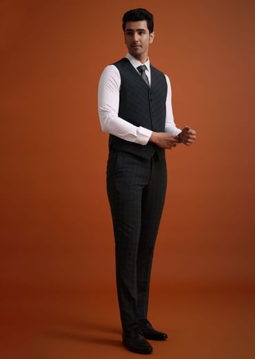 Dark Grey Tuxedo And Pant Set With Checkered Detail