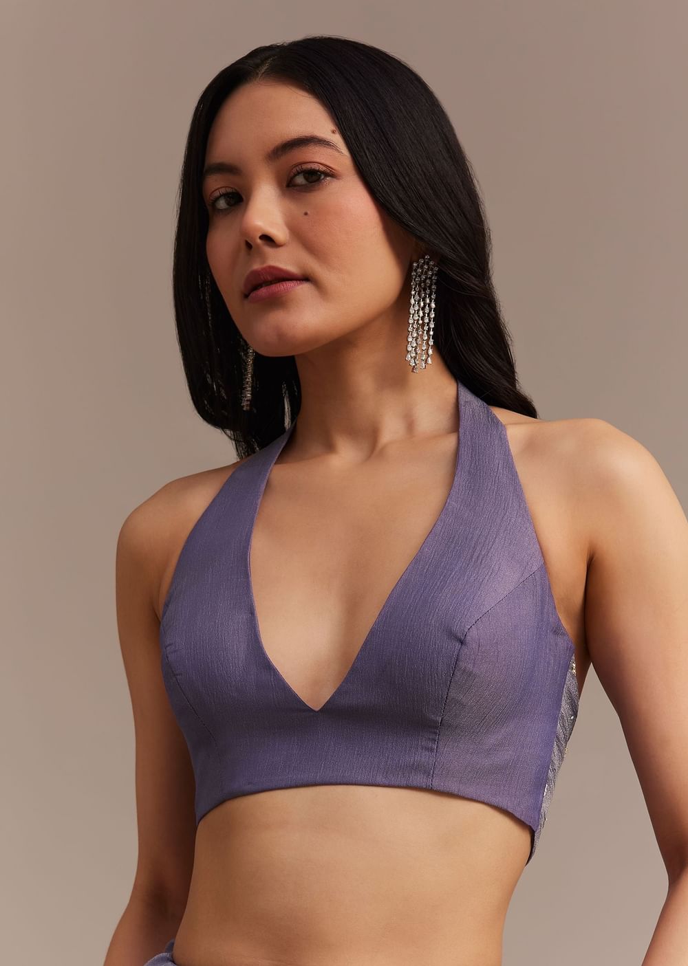 Dark Lavender Crushed Tissue Saree With Stone And Cutdana Embellished Border