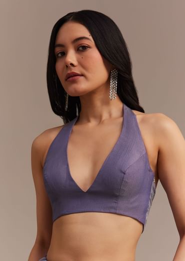 Dark Lavender Crushed Tissue Saree With Stone And Cutdana Embellished Border
