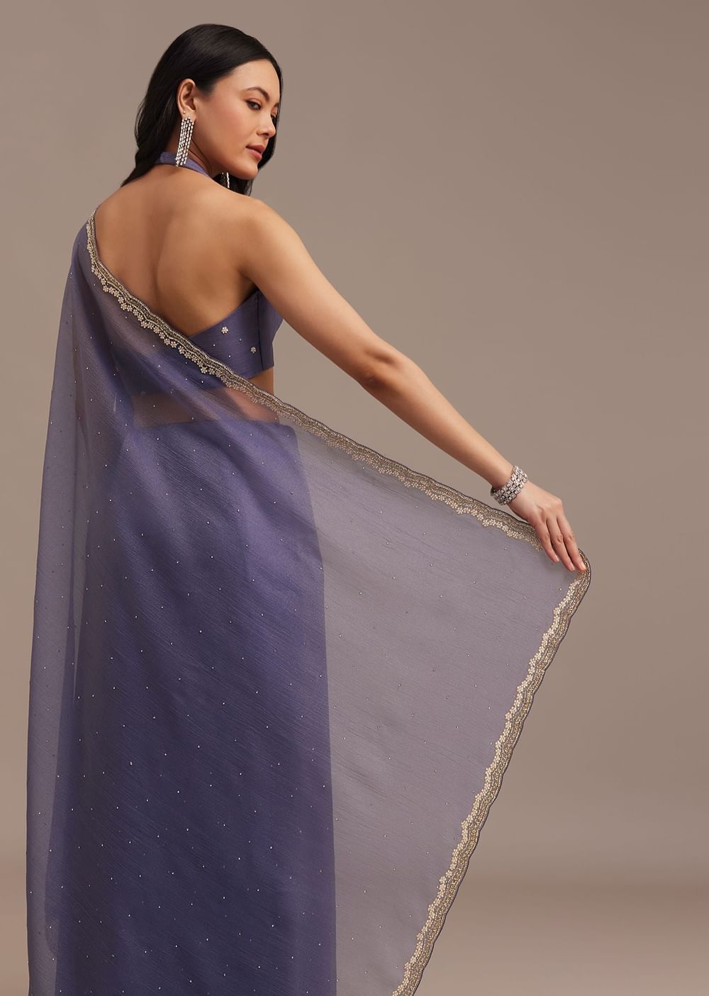 Dark Lavender Crushed Tissue Saree With Stone And Cutdana Embellished Border