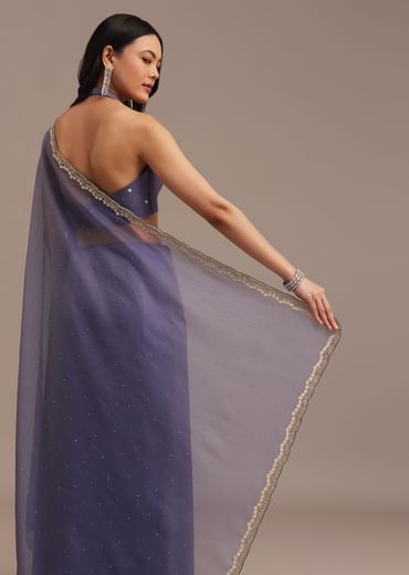 Dark Lavender Crushed Tissue Saree With Stone And Cutdana Embellished Border