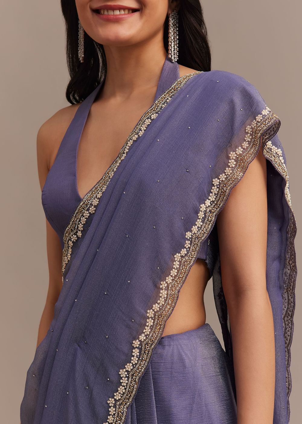 Dark Lavender Crushed Tissue Saree With Stone And Cutdana Embellished Border