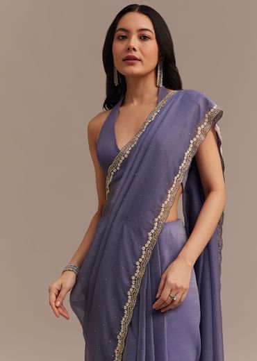 Dark Lavender Crushed Tissue Saree With Stone And Cutdana Embellished Border