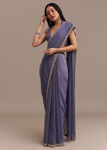 Dark Lavender Crushed Tissue Saree With Stone And Cutdana Embellished Border