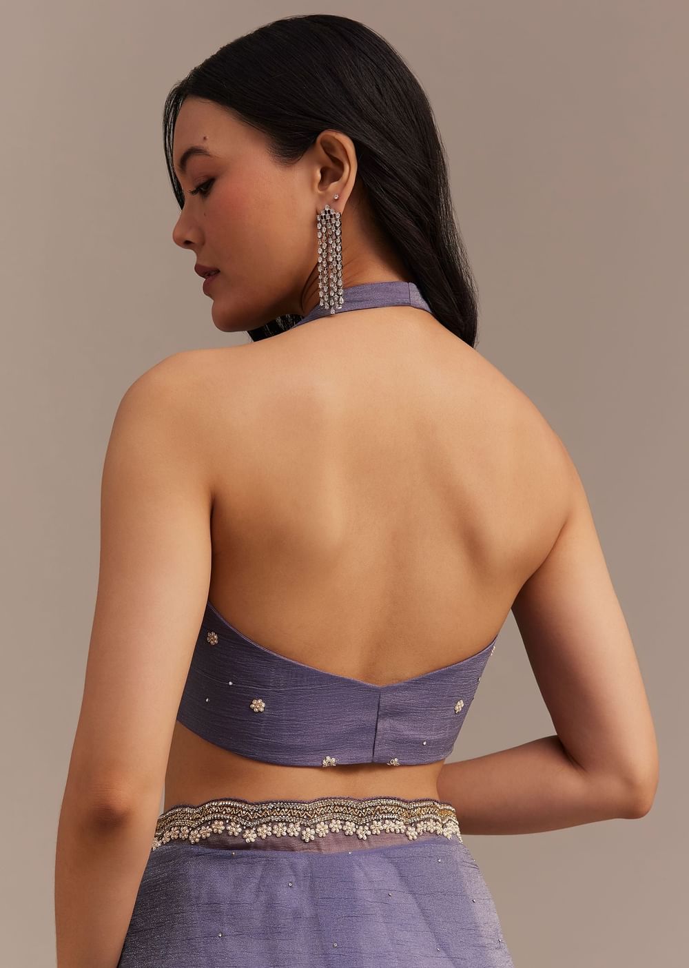 Dark Lavender Crushed Tissue Saree With Stone And Cutdana Embellished Border