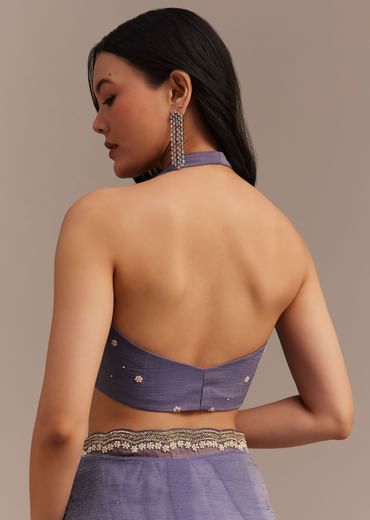 Dark Lavender Crushed Tissue Saree With Stone And Cutdana Embellished Border