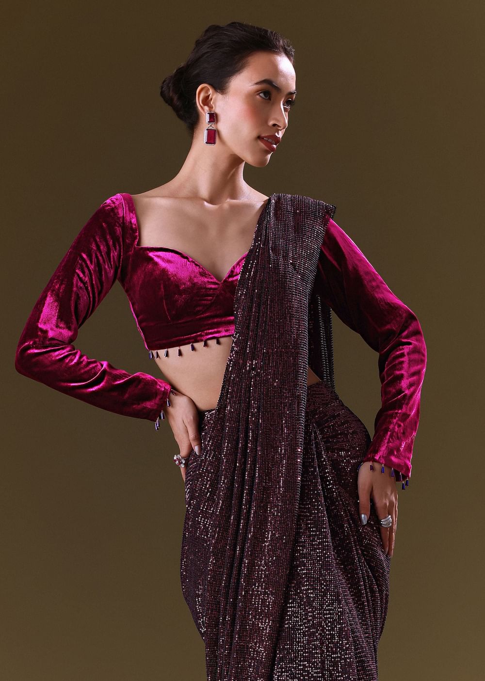 Dark Maroon Pre Stitched Sequined Saree With Sweetheart Neck Blouse