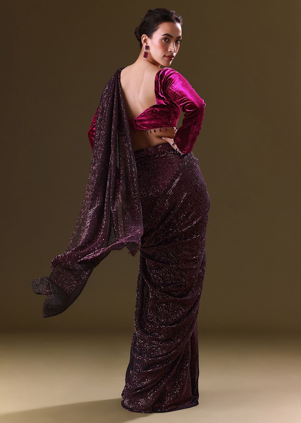 Dark Maroon Pre Stitched Sequined Saree With Sweetheart Neck Blouse