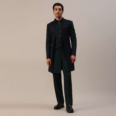 Dark Olive Green Velvet Indowestern With Threadwork And Sequins