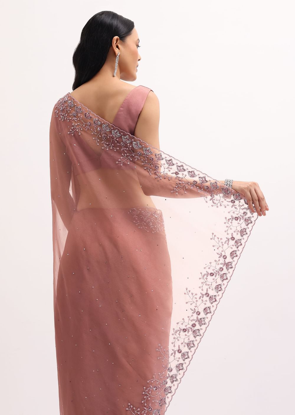 Dark Peach Embroidered Organza Saree With Unstitched Blouse