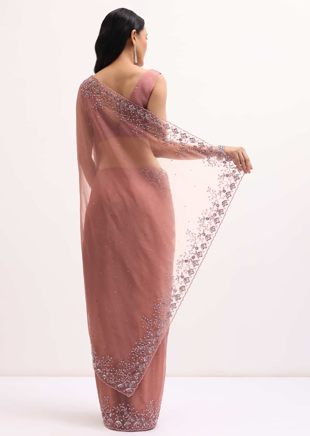 Dark Peach Embroidered Organza Saree With Unstitched Blouse