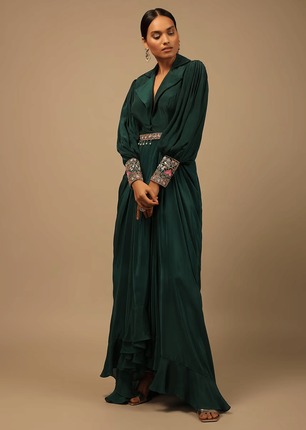 Dark Pine Green High Low Gown With Collar Neckline, Bishop Sleeves And Multicolor Handwork On The Cuffs Dark Pine Green High Low Gown With Collar Neckline, Bishop Sleeves And Multicolor Handwork On The Cuffs
