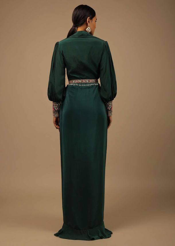Dark Pine Green High Low Gown With Collar Neckline, Bishop Sleeves And Multicolor Handwork On The Cuffs Dark Pine Green High Low Gown With Collar Neckline, Bishop Sleeves And Multicolor Handwork On The Cuffs
