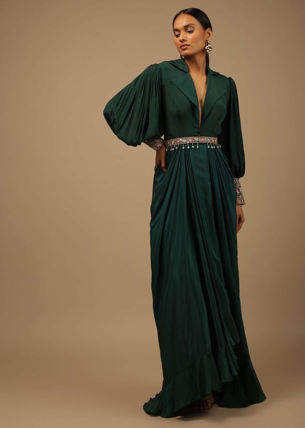 Dark Pine Green High Low Gown With Collar Neckline, Bishop Sleeves And Multicolor Handwork On The Cuffs Dark Pine Green High Low Gown With Collar Neckline, Bishop Sleeves And Multicolor Handwork On The Cuffs