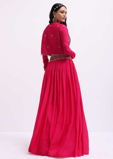 Dark Pink Embroidered Silk Lehenga Choli Set