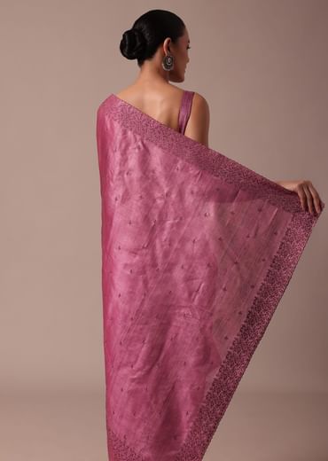 Dark Pink Saree With Resham Work And Unstitched Blouse
