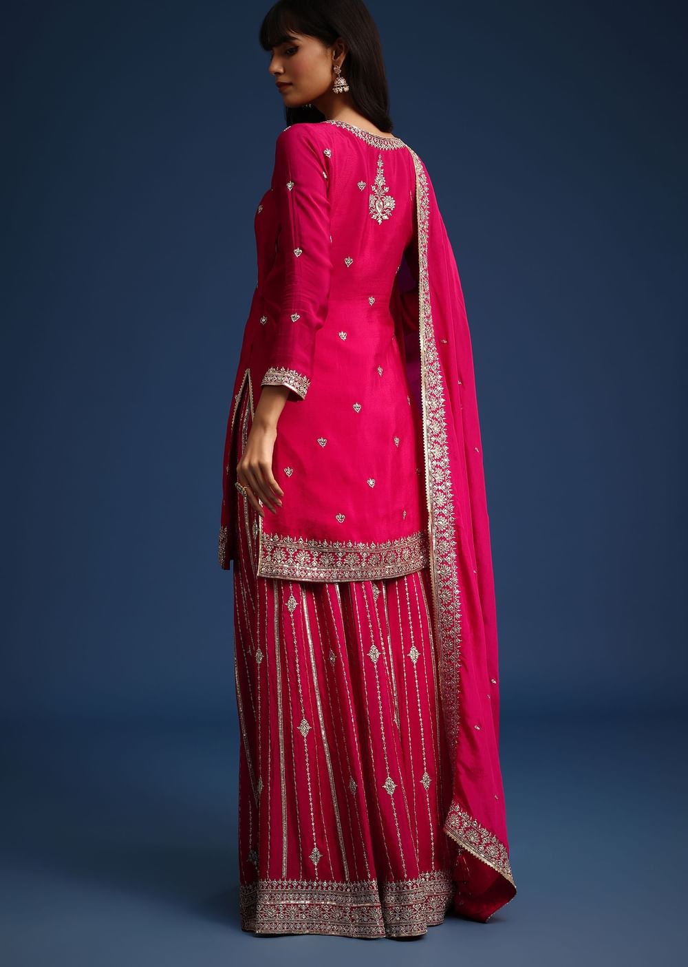 Dark Pink Sequin Embellished Kurta Palazzo Set In Chinon
