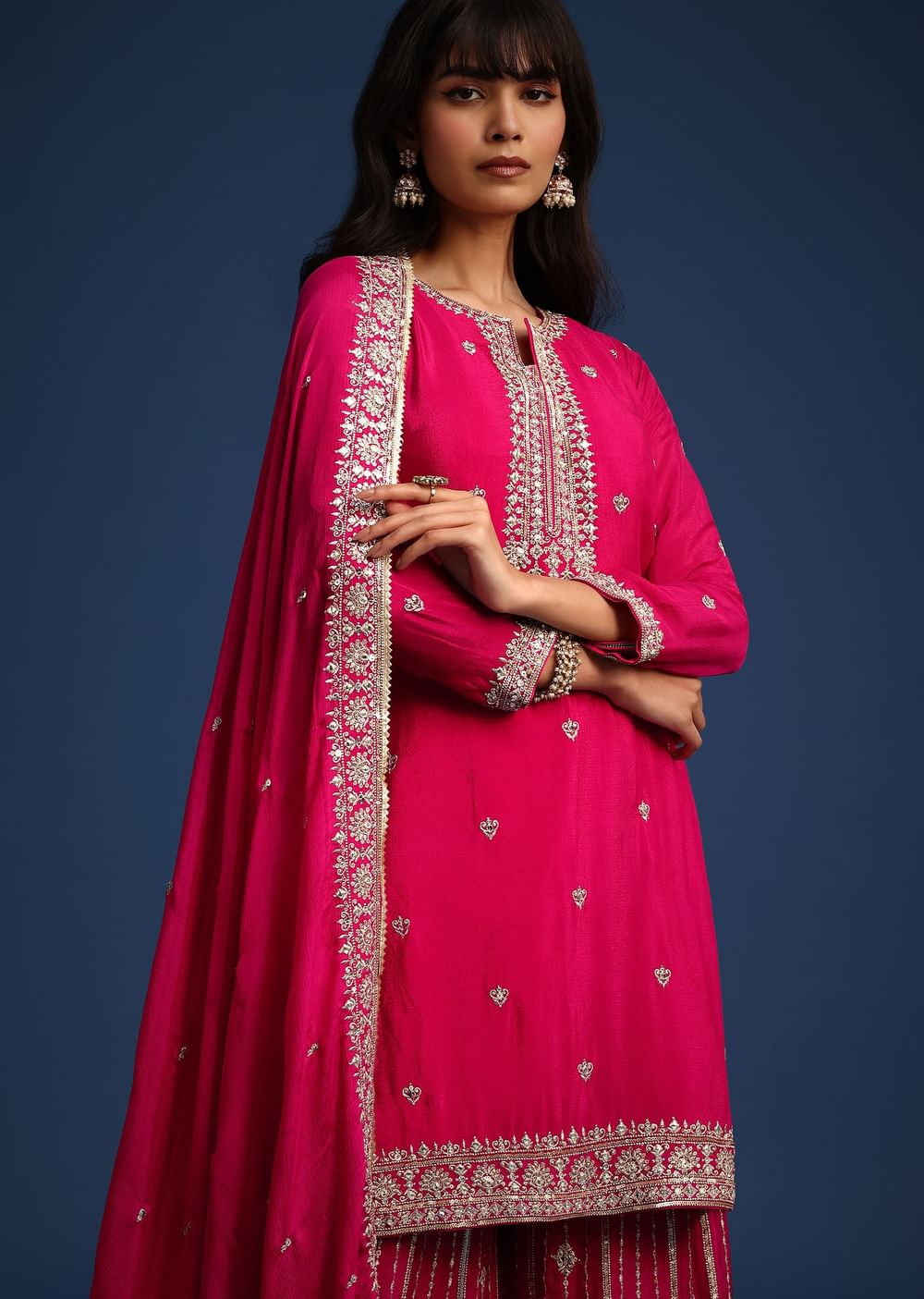 Dark Pink Sequin Embellished Kurta Palazzo Set In Chinon