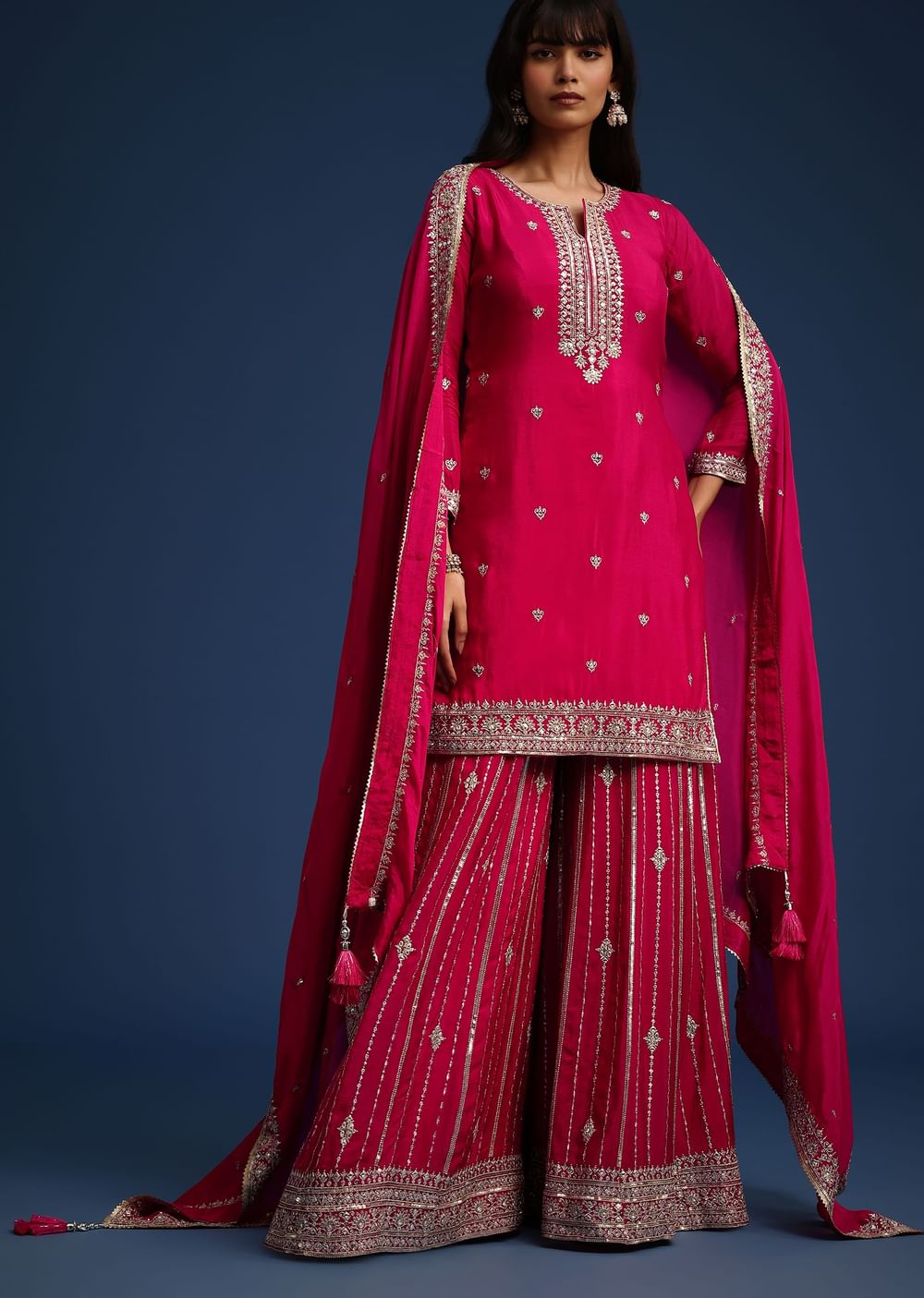 Dark Pink Sequin Embellished Kurta Palazzo Set In Chinon