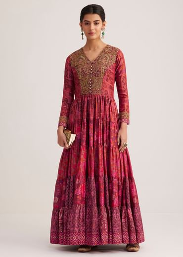 Dark Pink Silk Kurta With Indie Print