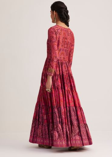 Dark Pink Silk Kurta With Indie Print