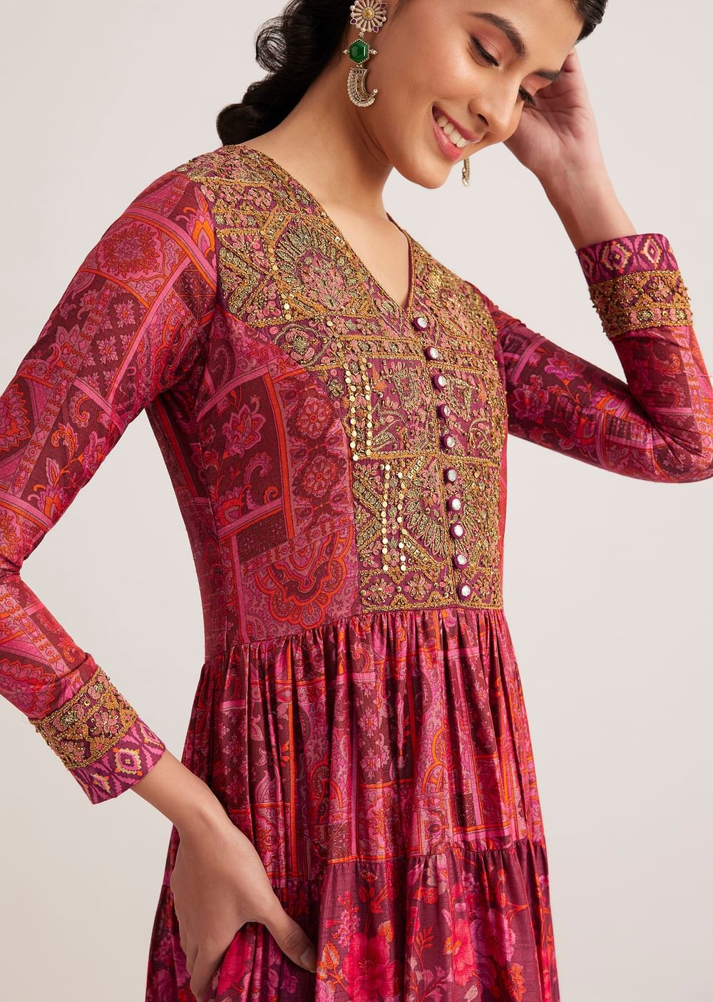 Dark Pink Silk Kurta With Indie Print
