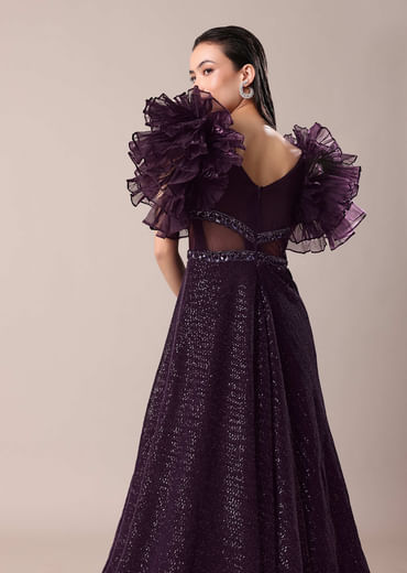Dark Purple Hand Embroidered Ruffle Sleeve Gown