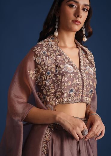 Dark Purple Jacket With Sequin Crop Top And Skirt