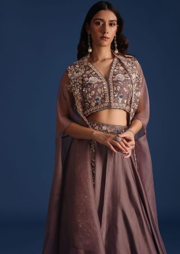 Dark Purple Jacket With Sequin Crop Top And Skirt