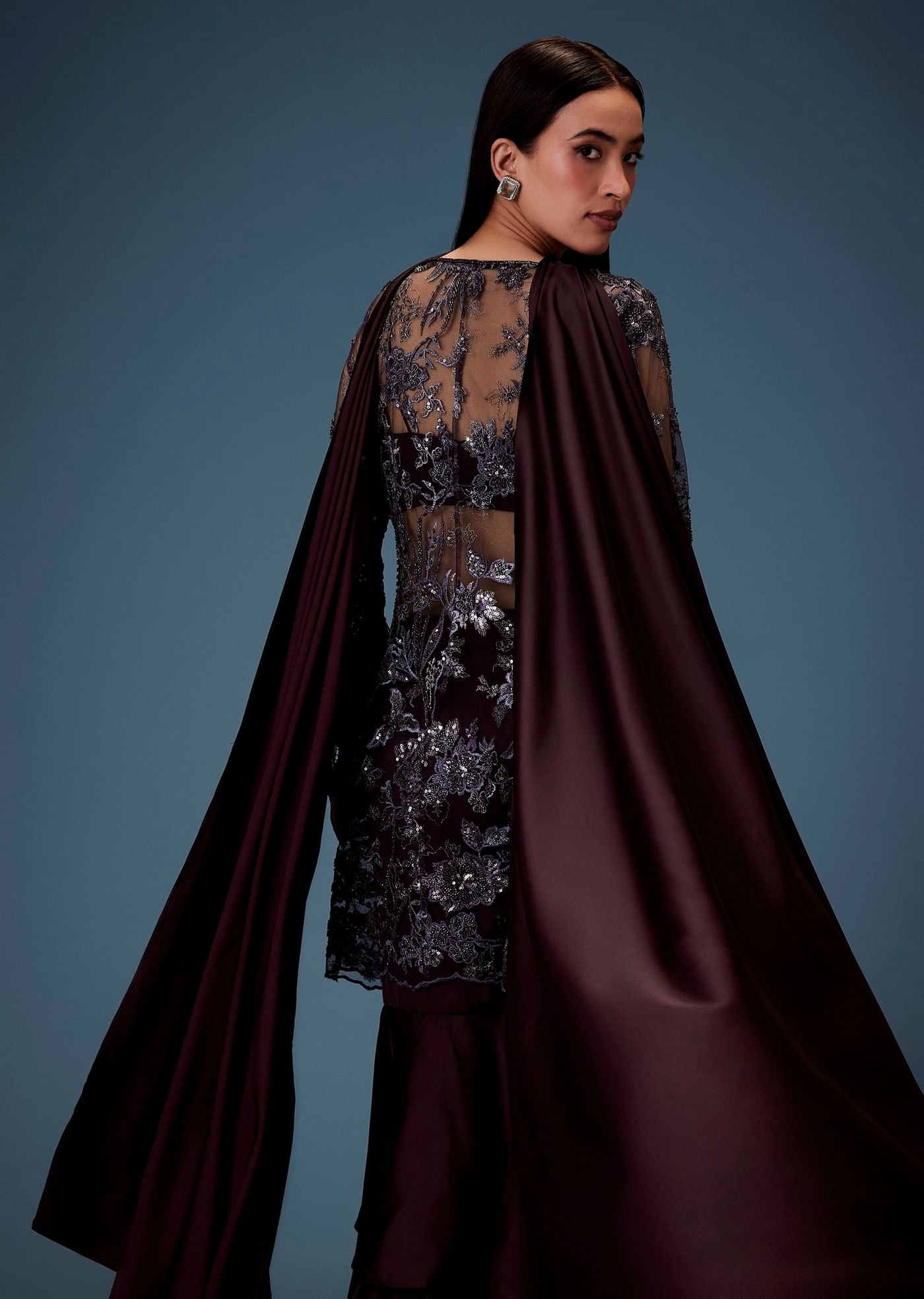 Dark Purple Satin Triple Layered Gathered Sharara With Feather Sleeves Jacket And Bustier
