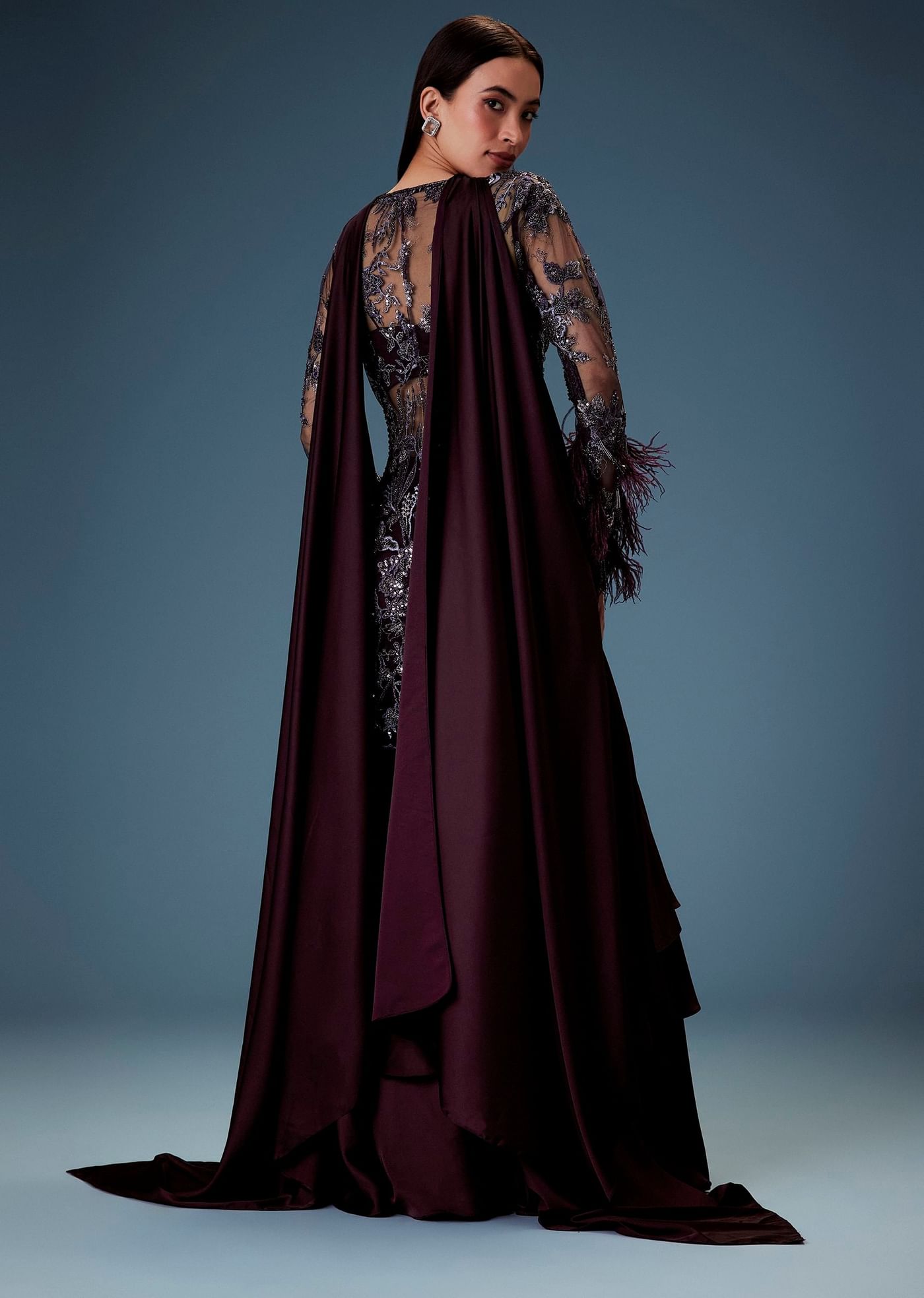 Dark Purple Satin Triple Layered Gathered Sharara With Feather Sleeves Jacket And Bustier
